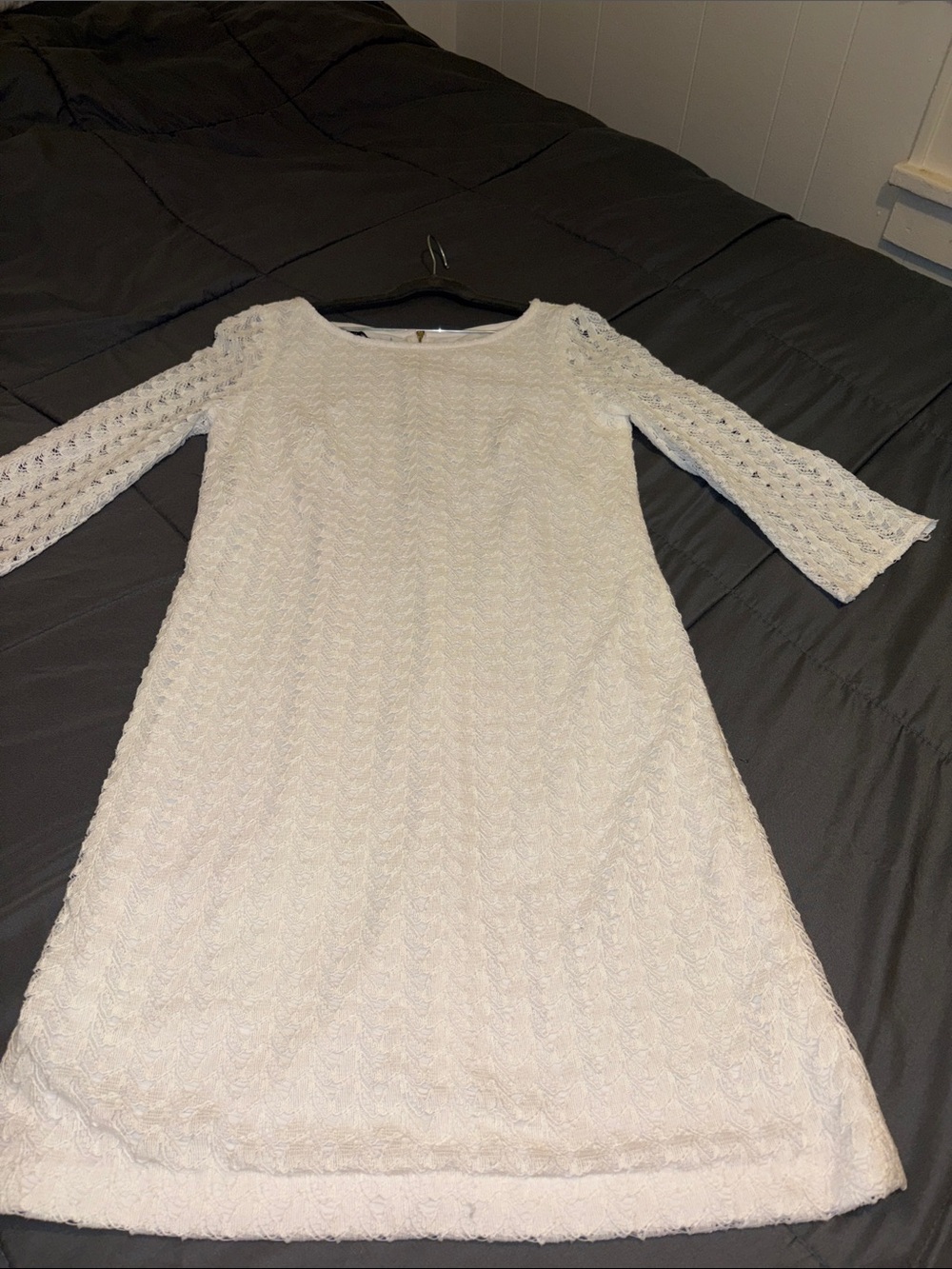 Nine West White Lace Long-Sleeve Shift Dress with Gold zipper.